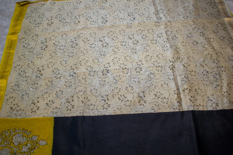 Maheswari Silk -  Black with Mustard Yellow Border with Floral Handblock Prints