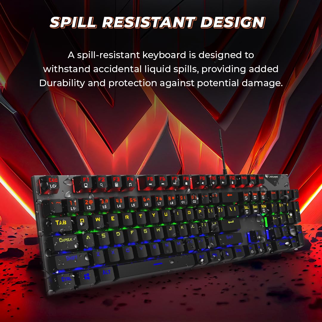 Lapcare Champ LGK‑105 mechanical gaming keyboard: aircraft‑grade metal frame, 50M keystroke life, anti‑ghosting, 7 RGB modes & braided cable.