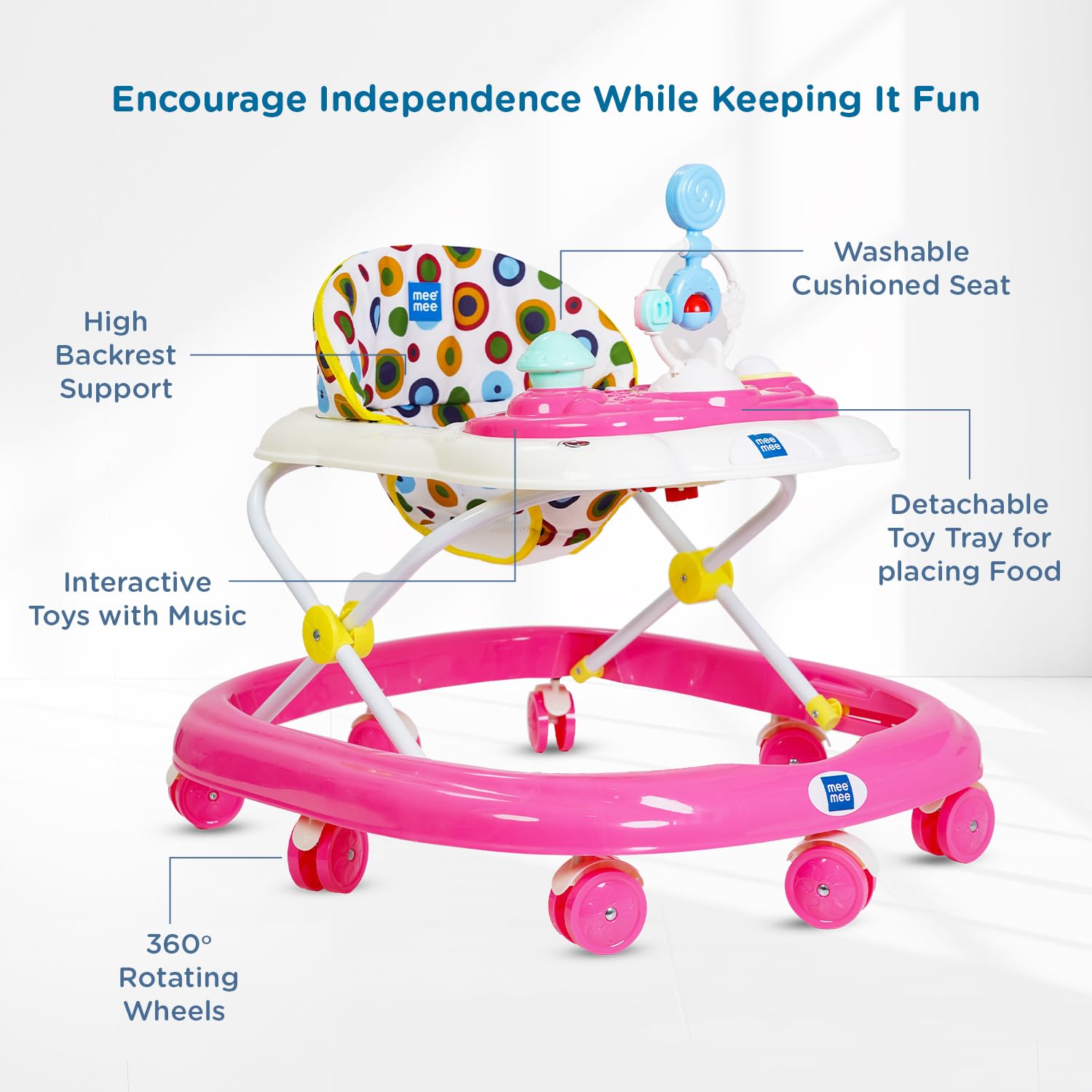 Mee Mee Baby Walker with 3-Level Adjustable Height – Red | Musical Tray