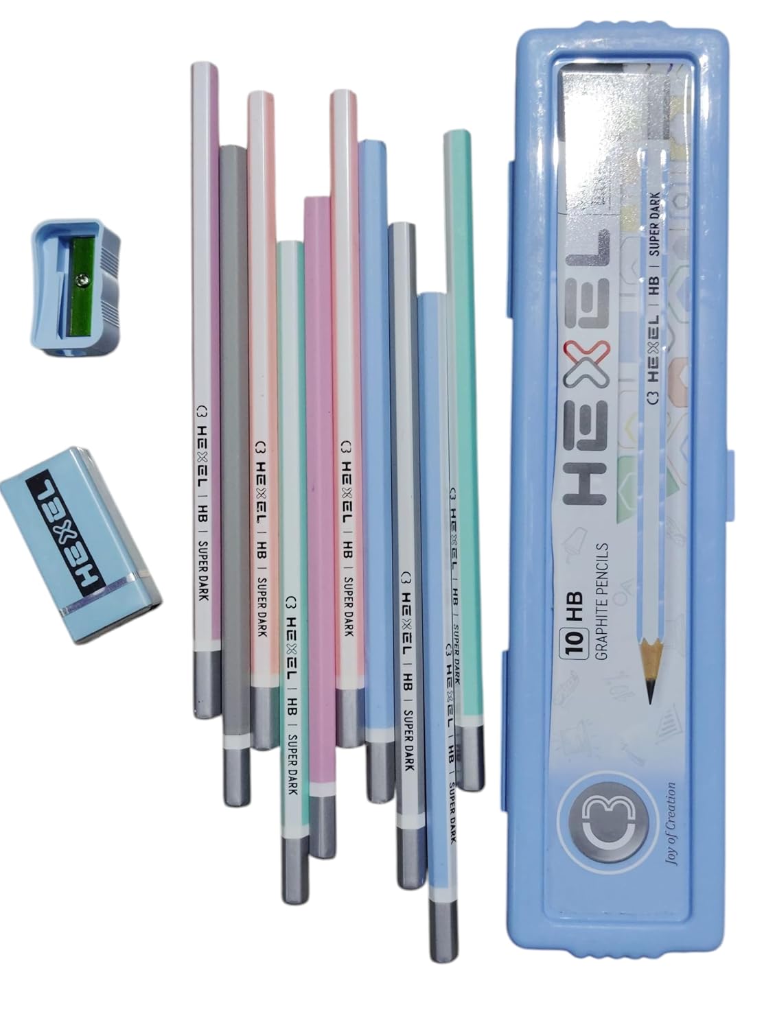 HEXEL Super Dark HB Graphite Pencils, Pack of 10, Pastel Colours with Sharpener, Eraser and Case