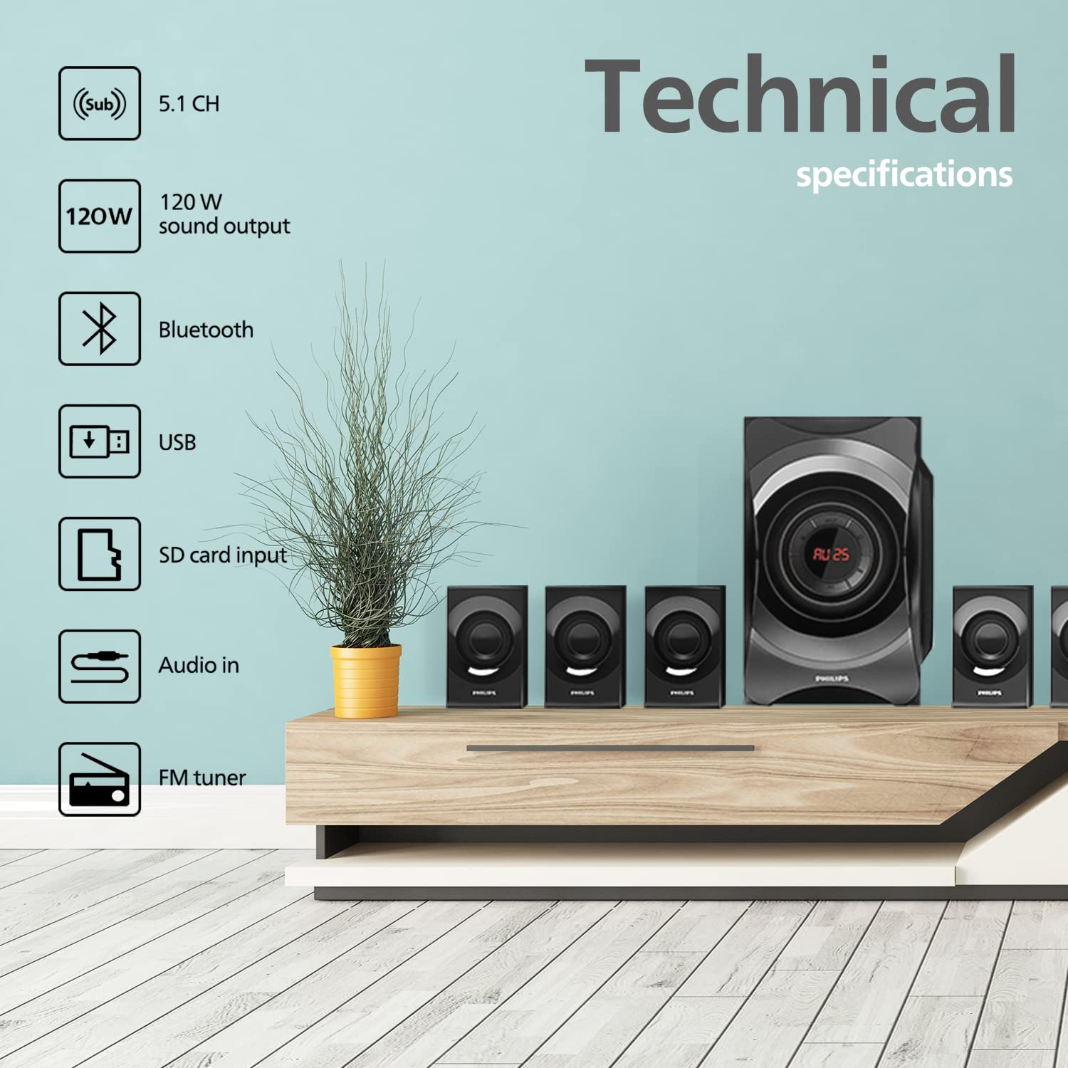 PHILIPS Audio SPA8000B/94 5.1 Channel Multimedia Speaker System with Bluetooth, 5x15W Satellite Speakers, LED Display, Robust Design & Matte Finish (Black) PHILIPS Audio SPA8000B/94 5.1 Channel Multimedia Speaker System with Bluetooth, 5x15W Satellite Speakers, LED Display, Robust Design & Matte Finish (Black)
