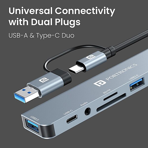 Portronics Mport 8 Plus – Dual Hub, 8-in-1, USB & Type-C, offers versatile connectivity with multiple ports for seamless data transfer and charging, perfect for modern devices and multitasking.