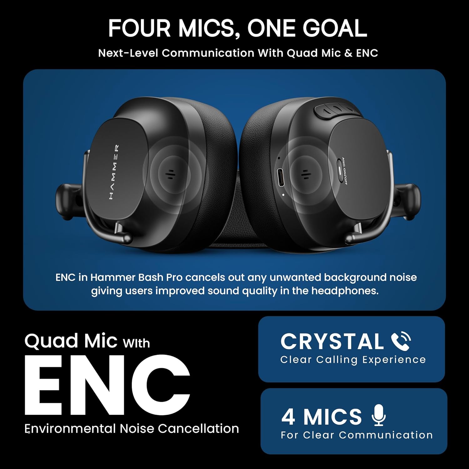Hammer Bash Pro Wireless Headphones with 32db Hybrid ANC and Quad Mics for Clear Calling, 40mm Driver, 37Hrs Playtime, Super soft Cushion, 5.3 (Black ) Hammer Bash Pro Wireless Headphones with 32db Hybrid ANC and Quad Mics for Clear Calling, 40mm Driver, 37Hrs Playtime, Super soft Cushion, 5.3 (Black )