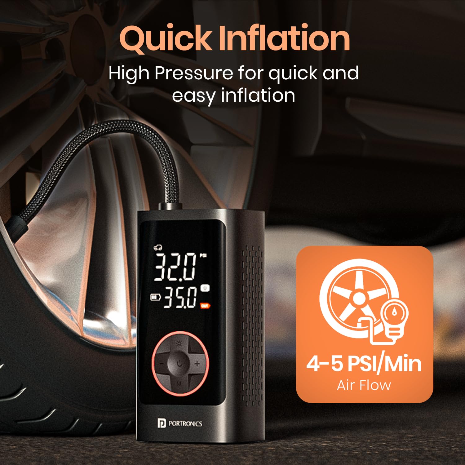 Portronics Vayu 7.0 – 150 PSI Tyre Inflator, 4000mAh battery, compact design, LED light, digital display, auto shut-off, perfect for cars, bikes, sports equipment, and more. Fast inflation!