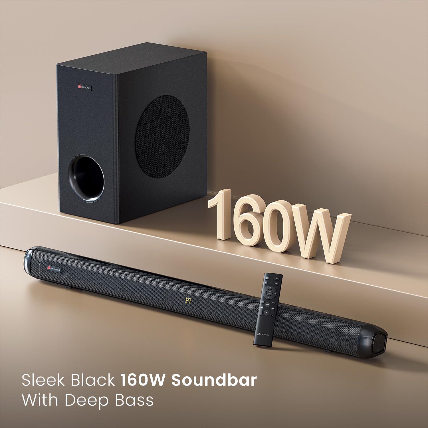 Portronics Pure Sound 108 – 160W 2.1 Soundbar offers immersive audio, sleek design, powerful bass, and seamless Bluetooth 5.3 connectivity.