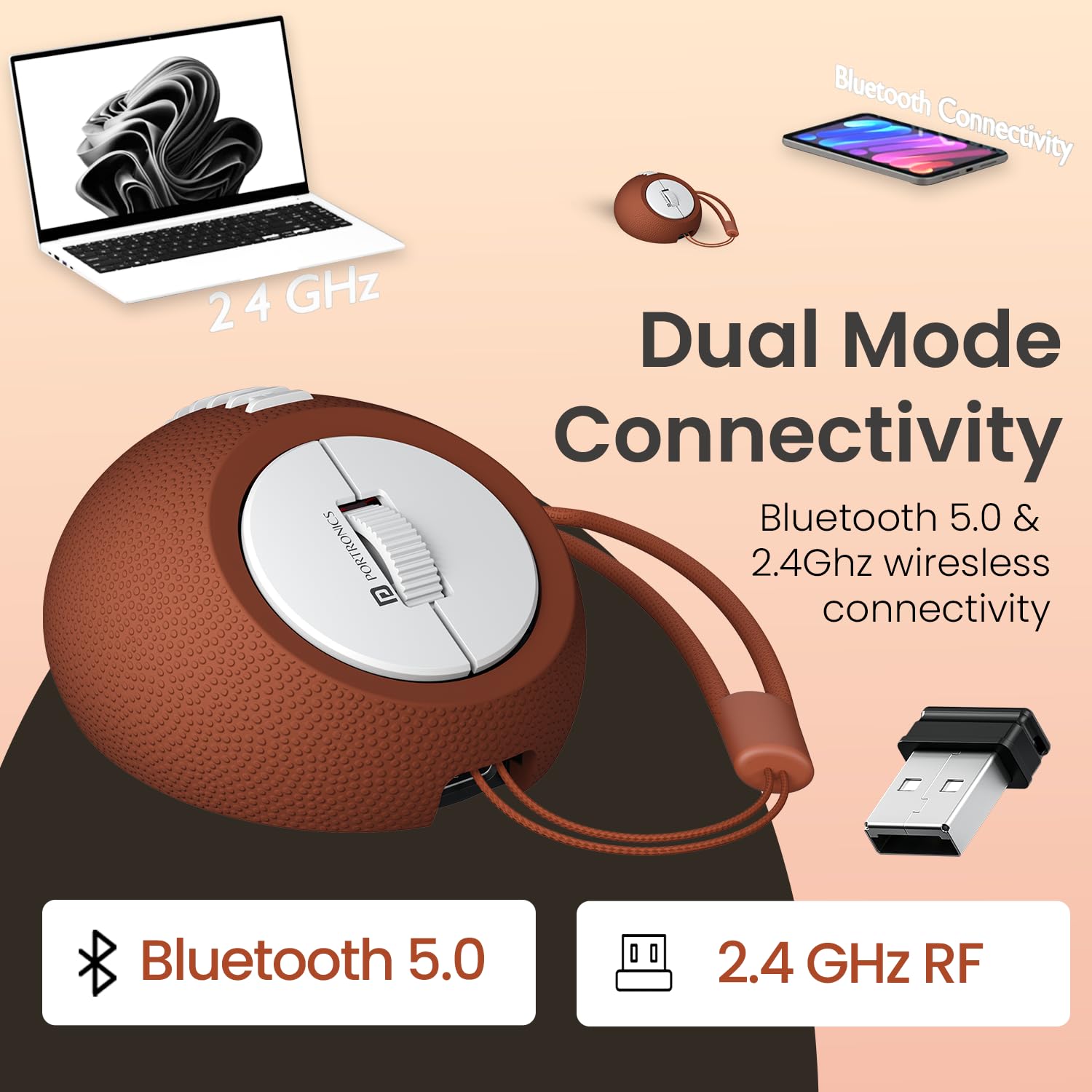 Portronics ToadPlay Rugby Mini Wireless Mouse – Dual Mode BT & 2.4GHz| Brown | 1 Year Warranty