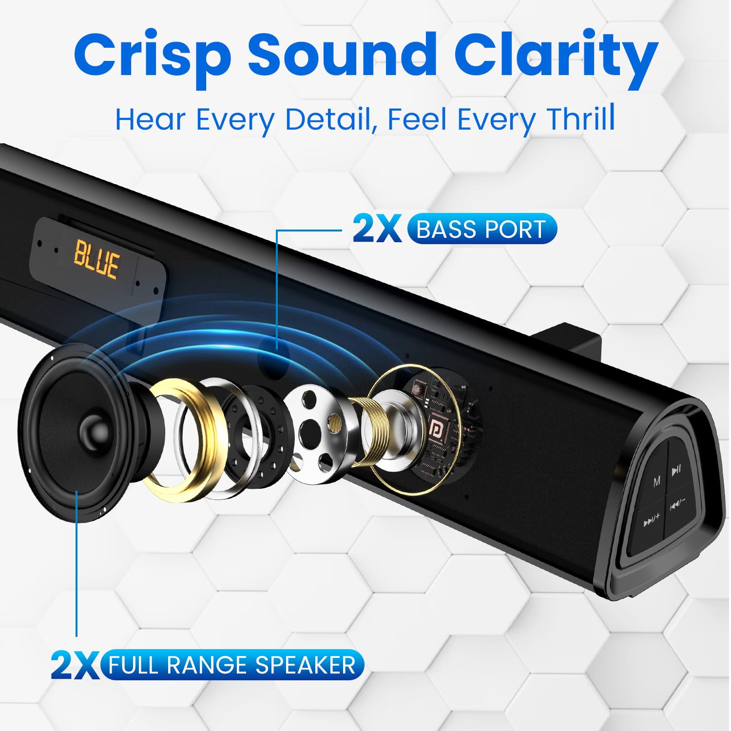 Portronics Pure Sound 106 – 120W 2.1 Home Theatre Soundbar delivers rich sound, powerful bass, stylish design, and versatile connectivity options.