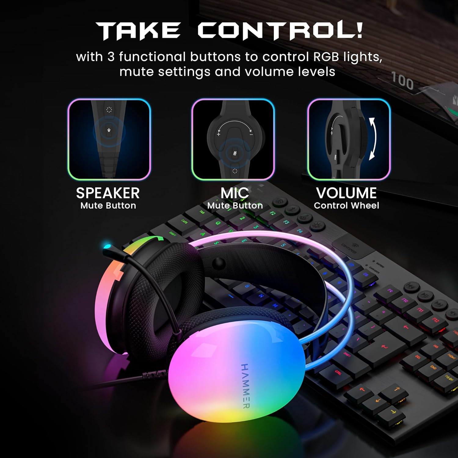 HAMMER Blaze Wired Over Ear Gaming Headphones with Mic, 50mm Drivers, Full RGB Lights, Gaming Headset with Adjustable Bands, Breathable earcushion, 1.5Mtr Wire with USB (Black) HAMMER Blaze Wired Over Ear Gaming Headphones with Mic, 50mm Drivers, Full RGB Lights, Gaming Headset with Adjustable Bands, Breathable earcushion, 1.5Mtr Wire with USB (Black)