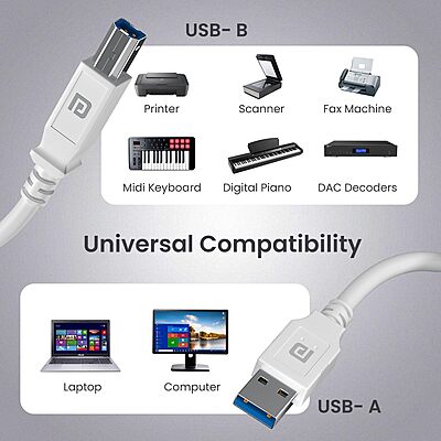 Portronics PrintLink 1.5 – USB-A to B Printer Cable, 1.5M, high-speed data transfer, durable design, compatible with various printers, ideal for home and office use, flexible and tangle-free.