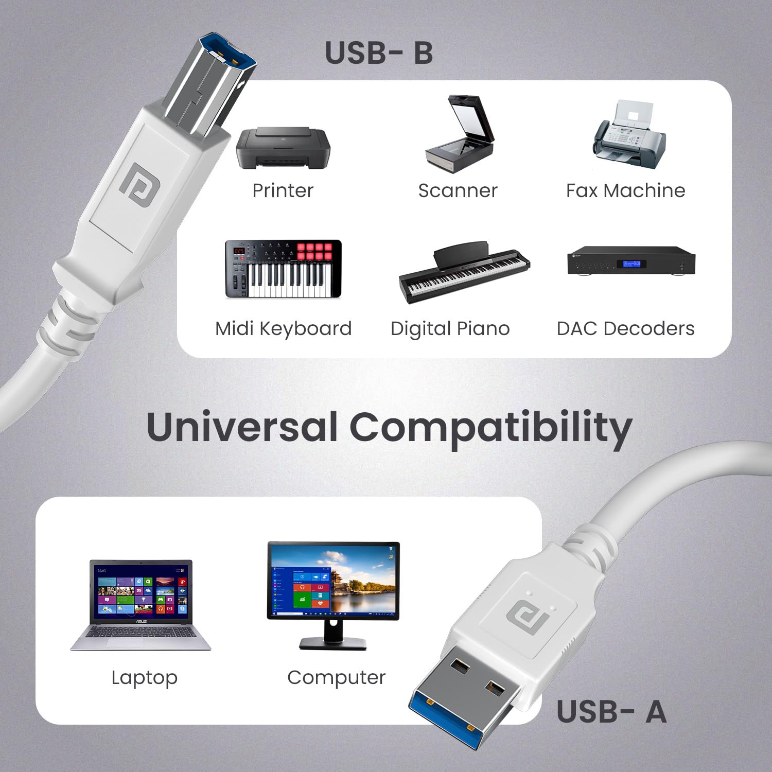 Portronics PrintLink 1.5 – USB-A to B Printer Cable, 1.5M, high-speed data transfer, durable design, compatible with various printers, ideal for home and office use, flexible and tangle-free.
