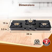 AGARO Regency 3 Burners Gas Stove, Toughened Glass Top, Brass Burners, 1 Small, 1 Medium & 1 Big Size Burner