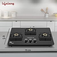 Lifelong 3 Gas Burner Top - 3 Burners Hob Top Gas Stove with Automatic Ignition - Toughened Glass top Gas Stove