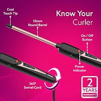 AGARO Round Chopstick Curler, With 10 MM Barrel, Rod, Tong, Chopstick Round Hair Curler, Ceramic Coated Plates