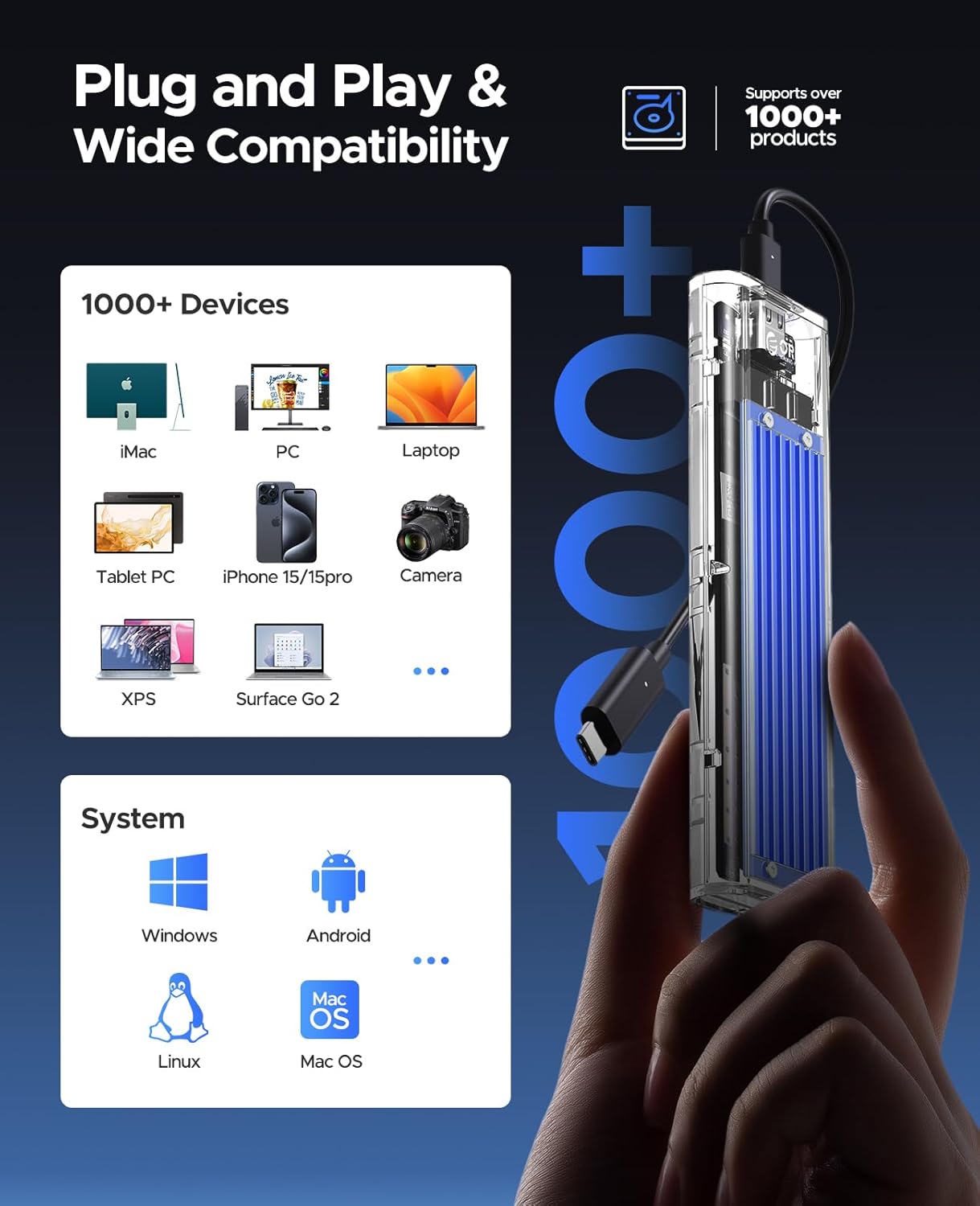 Open Box ORICO M.2 NVME Enclosure Adapter, USB 3.2 Gen 2 (10 Gbps), Adapter Enclosure for 2280 2260 2242 2230 PCI-E, USB Type C Converter Case (TCM2-Blue) TCM2-C3