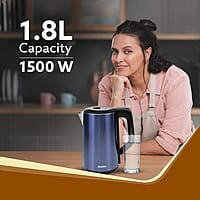 AGARO Insignia Electric Kettle, 1.8L, Double Layered Kettle, 100% Stainless Steel Inner Blue