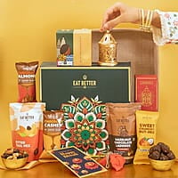Eat Better Co Prakriti Diwali Gift Hamper with Jute Tray - 10 Item Gift Pack - Dry Fruits Laddoo, Chocolate Coated Nuts with Phool Incense Cones & Lanten Diya | Diwali Gift Box for Friends & Family