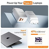 Ambrane 67W Dual Port GaN Charger,Fast Charger Adapter for Laptop, Lenovo, HP, ASUS, Dell, MacBook, iPhone Series, Samsung & Other Devices, USB & Type C Port with QC & PD Technology