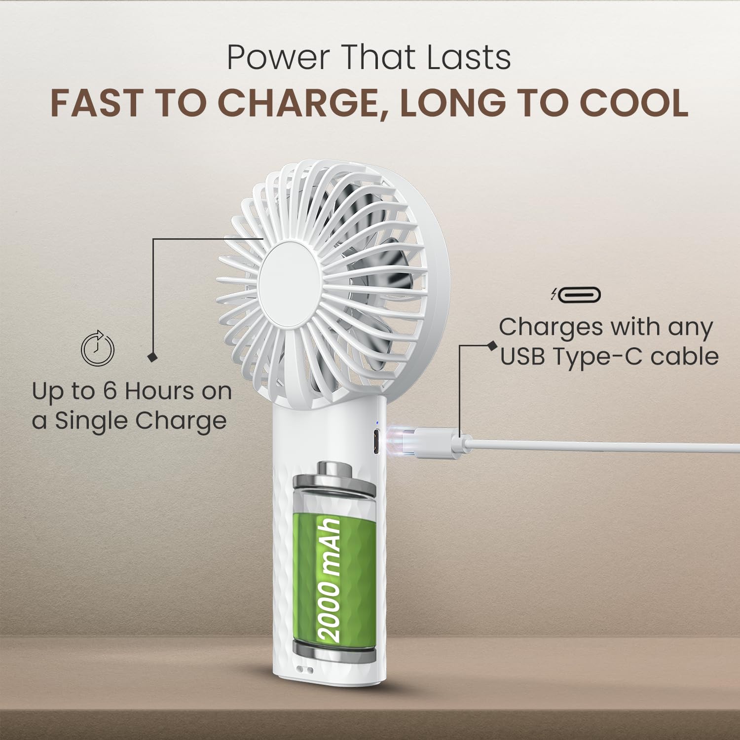 Portronics Toofan Mini 2 Handheld Fan – Rechargeable, 6-Speed, 7 Blades, White