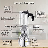 AGARO Royal Moka Pot, Stovetop & Induction Cooktop Classic Espresso & Coffee Maker, 200 Ml
