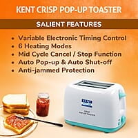 Kent 16105 Crisp Pop Up Toaster 750 Watts | 2 Slice Automatic Pop Up Electric Toaster | 6 Heating Modes | Auto Shut Off | Removable Bread Crumbs Tray | White