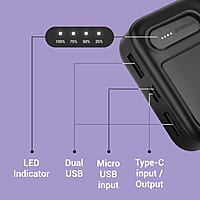 ZEBRONICS MB20000R2 Power Bank, 20000 mAh, 10W Output, Dual USB Output, Type C & Micro USB Input, Built in Protections, LED Indicator