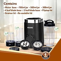 AGARO Galaxy 3 Jar Personal Blender, 400W, Serrated and Cross Blade with Detachable Base, Mixer/Grinder/Smoothie/Juice Maker, Black