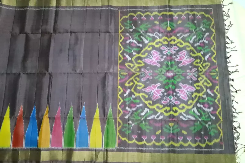 Charcoal Grey Ikat Silk Saree with Multicolor Border & Ikat blouse & Handwoven Pallu