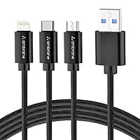 Ambrane Unbreakable 3 in 1 USB Fast Charging Cable with Type C, Lightning, Micro USB Port with 2.1 A