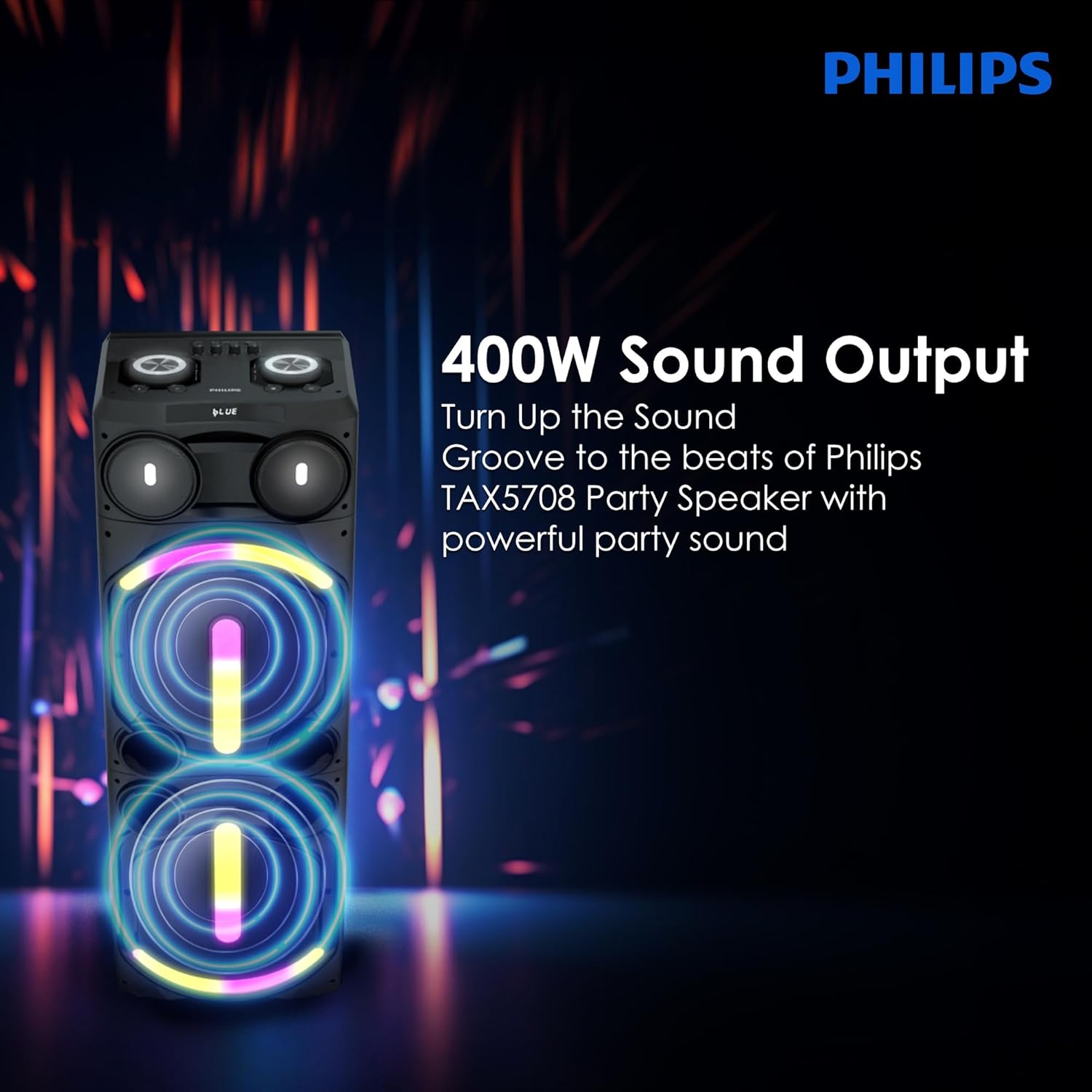 Philips TAX5708 Bluetooth Party Speaker – 400W Max Output, Dynamic Bass Boost, Karaoke, Guitar/Mic Support, Multipoint Connectivity, Party Lights, Handle with Wheels Philips TAX5708 Bluetooth Party Speaker – 400W Max Output, Dynamic Bass Boost, Karaoke, Guitar/Mic Support, Multipoint Connectivity, Party Lights, Handle with Wheels