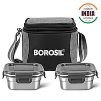 Borosil Feast Stainless Steel Lunch Box with Bag | Set of 2 (400 ml Each), Square