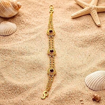 Impon Gold Plated Multi Stone Bracelet for Women | Triple Chain Design with Red Stones | Traditional Elegant Hand Chain