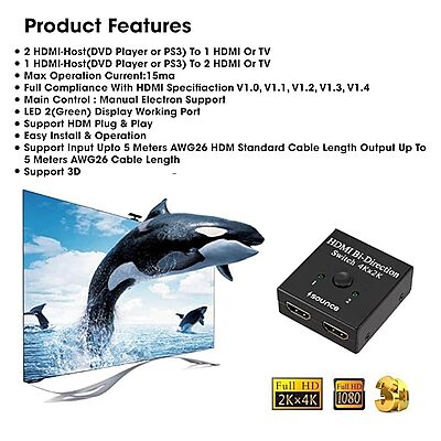 HDMI Switch 2 in 1 Out 4K 60hz HDMI Switcher 2 Port Bi-Directional Splitter