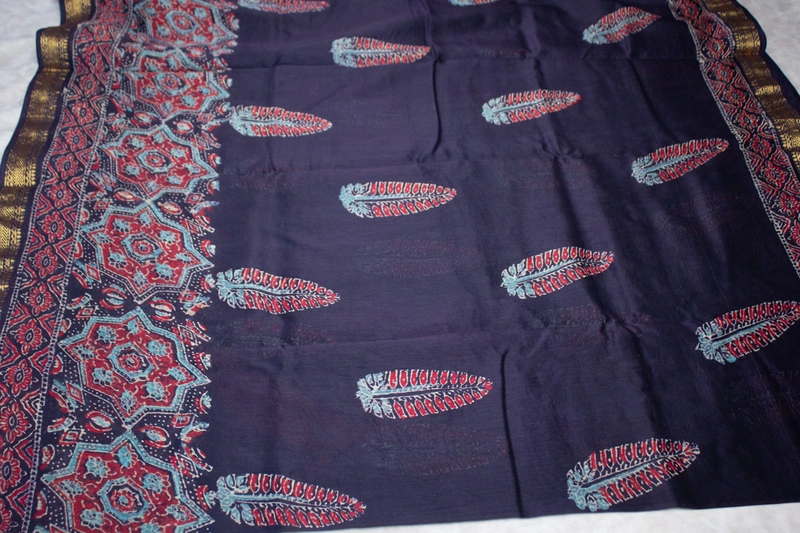 Maheswari Silk - Deep Purple with Floral Handblock Print