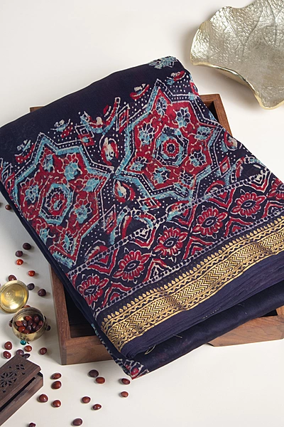 Maheswari Silk - Deep Purple with Floral Handblock Print