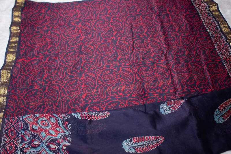Maheswari Silk - Deep Purple with Floral Handblock Print