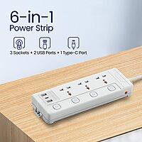 Portronics Power Plate 18 – Features 3 AC sockets, USB-A and USB-C ports, delivering up to 1500W. Ideal for charging multiple devices simultaneously, compact design for home or office use.