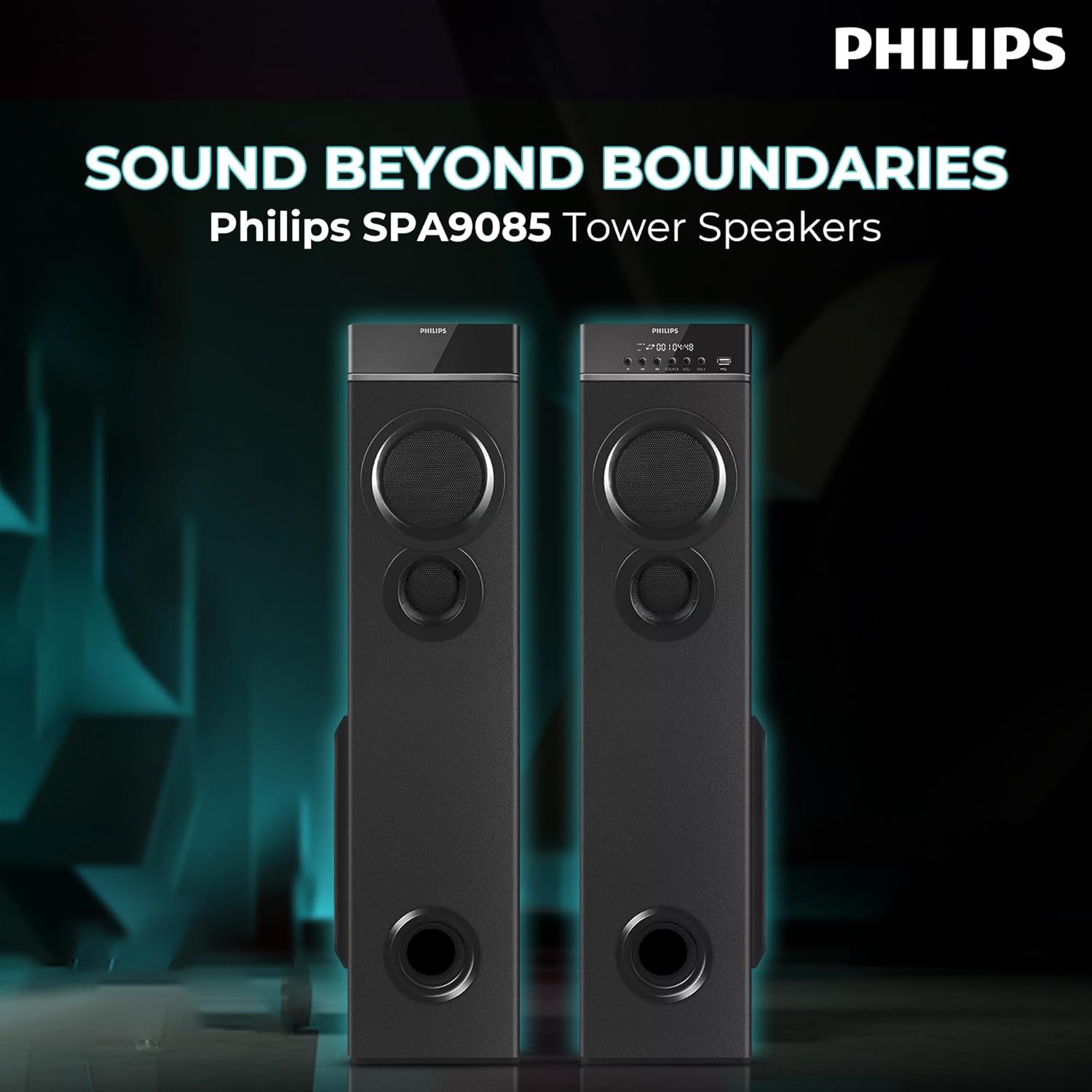 Philips Audio SPA9085 2.0CH 100W Multimedia Tower Speakers with Wireless Microphone – USB, AUX, FM, Mic Inputs & Thumping Bass for Karaoke (Black) Philips Audio SPA9085 2.0CH 100W Multimedia Tower Speakers with Wireless Microphone – USB, AUX, FM, Mic Inputs & Thumping Bass for Karaoke (Black)