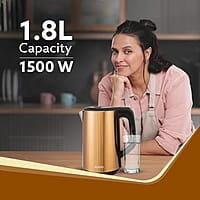 AGARO Insignia Electric Kettle, 1.8L, Double Layered Kettle, 100% Stainless Steel Inner Metallic Gold
