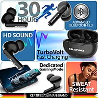 Blaupunkt BTW100 LITE in Ear TWS Bluetooth Earbuds I HD Sound I Gaming Mode I Low Latency I 30H Playtime* I TurboVolt Charging I BT Version 5.3 I Intuitive Touch Controls