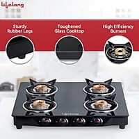 Lifelong Glass Top Gas Stove, 4 Burner Gas Stove, Black (ISI Certified,1 year warranty with Doorstep Service)