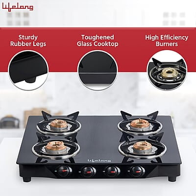 Lifelong Glass Top Gas Stove, 4 Burner Gas Stove, Black (ISI Certified,1 year warranty with Doorstep Service)