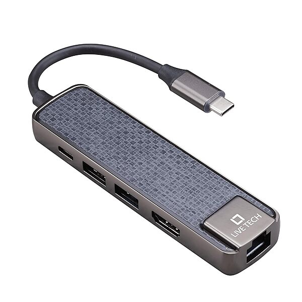 Live Tech USB-C Multiport Adapter 5-in-1 enhances connectivity with HDMI, USB-A, USB-C, and SD card slots, perfect for laptops and tablets. Compact design for on-the-go use.