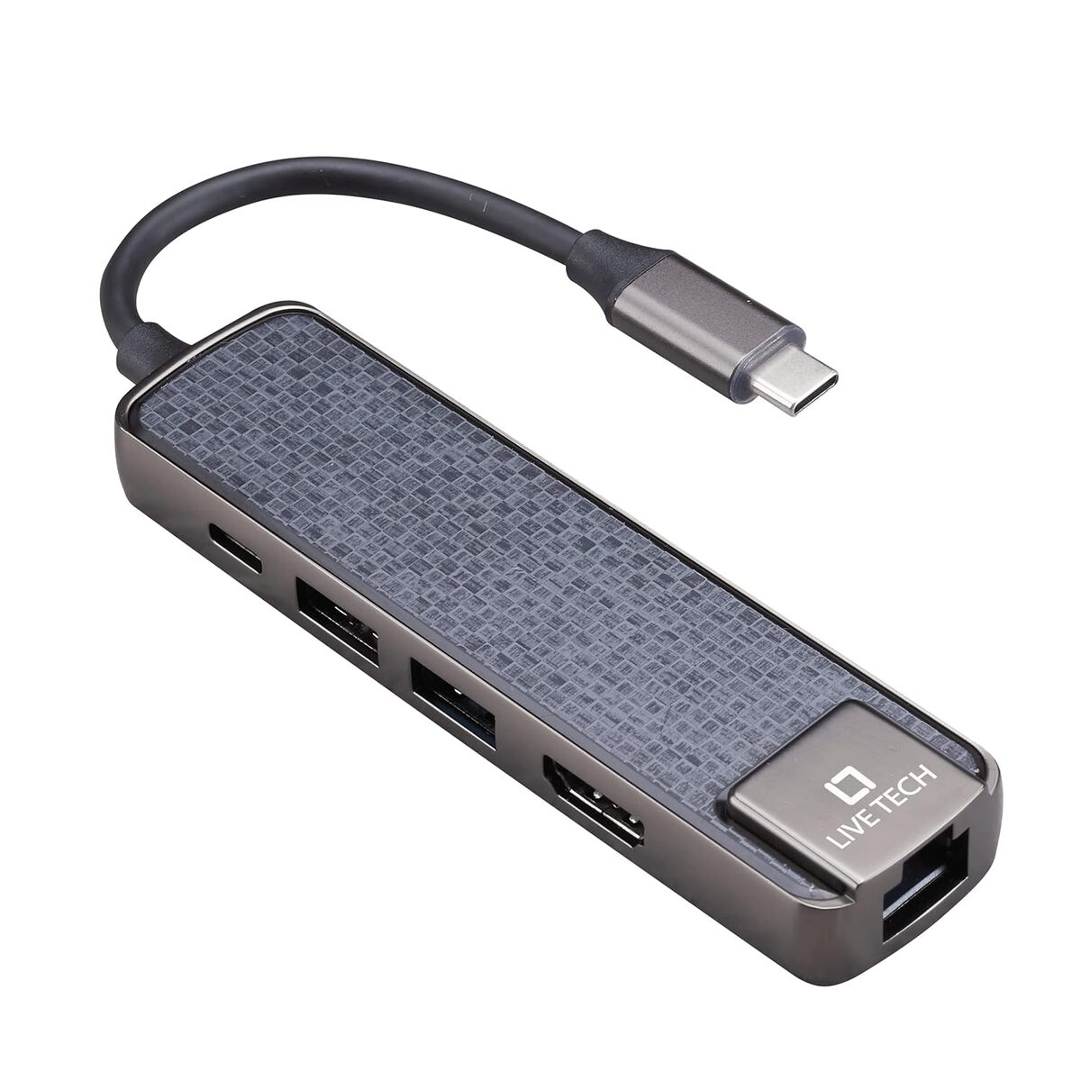 Live Tech USB-C Multiport Adapter 5-in-1 enhances connectivity with HDMI, USB-A, USB-C, and SD card slots, perfect for laptops and tablets. Compact design for on-the-go use.