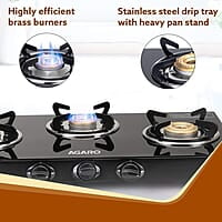 AGARO Elite 3 Burners Gas Stove, Toughened GlassTop, Round Brass Burners, 1 Small, 1 Medium & 1 Big Size Burner