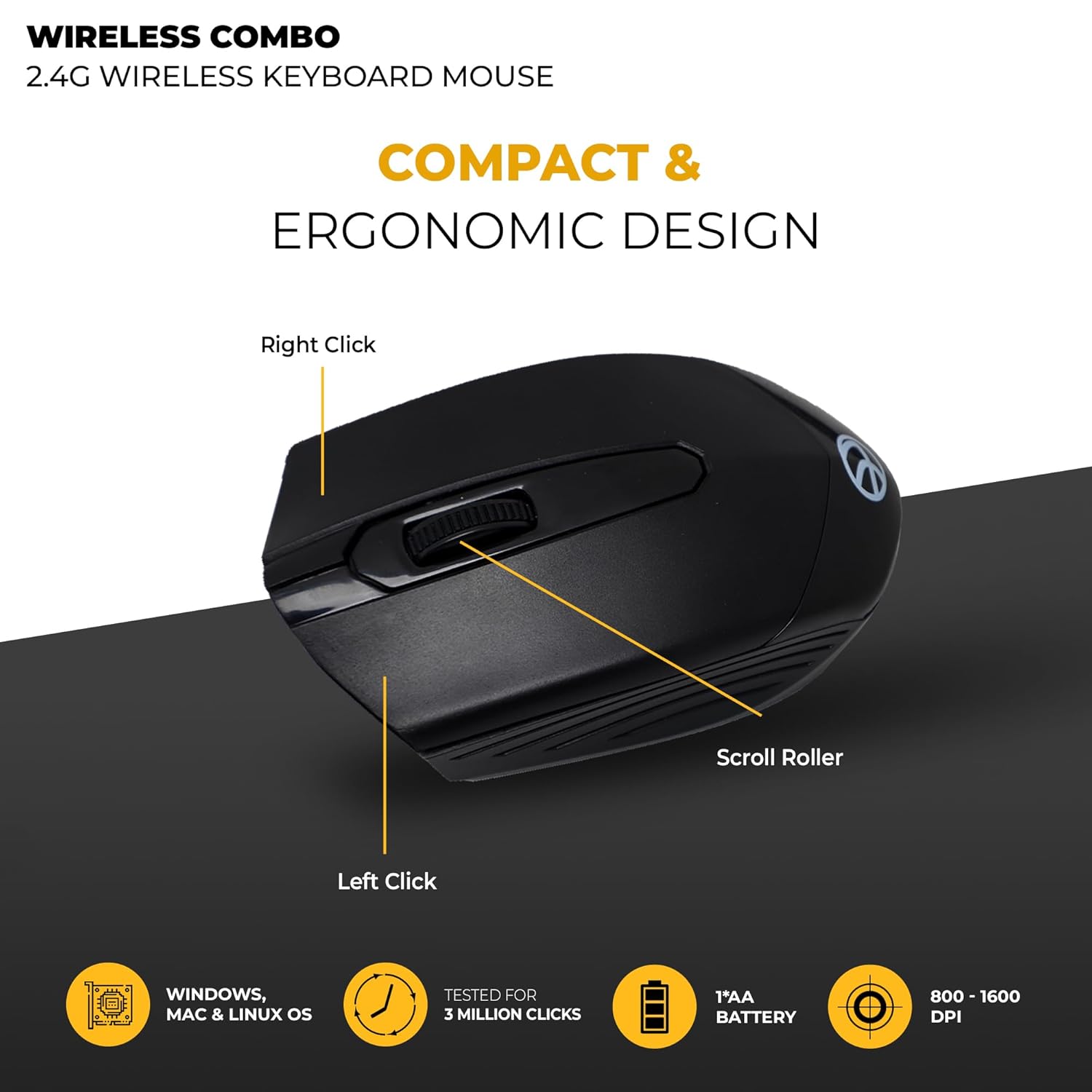 Lapcare WL‑204 combo: spill‑resistant 104‑key wireless keyboard, high‑precision 1200‑1600 DPI mouse, nano‑receiver, power‑saving & 10 m range.
