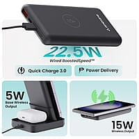 Ambrane 4 in 1 Wireless Charging 10000mAh Power Bank 22.5W Fast Charging, USB & Type C Output, Power Delivery, Quick Charge for iPhone, Android & Other Devices Aerosync Quad