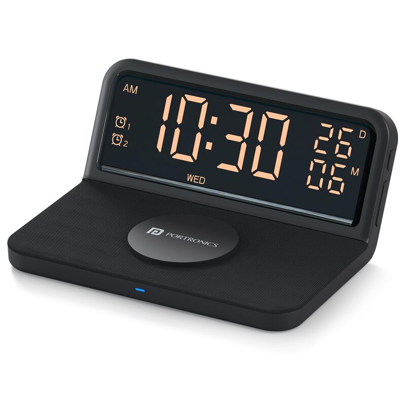 Portronics Freedom 4E 15W Wireless Charger – Dual Alarm Clock | Fabric Pad | iPhone 12–17