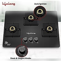 Lifelong 3 Gas Burner Top - 3 Burners Hob Top Gas Stove with Automatic Ignition - Toughened Glass top Gas Stove