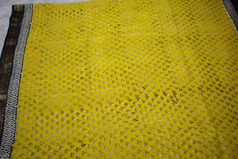 Maheswari Silk - Mustard Yellow with Full Body Floral Print and Beige Blouse Piece