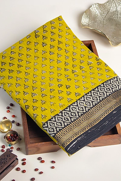 Maheswari Silk - Mustard Yellow with Full Body Floral Print and Beige Blouse Piece